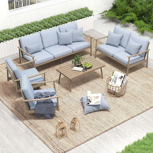 HAPPATIO Outdoor Furniture Set - 5 Piece Aluminum Patio Conversation Set with 1 Coffee Table, 2 Swivel Chairs, Loveseat and 3-Seat Sofa, Aluminum Patio Furniture Set for Backyard Deck Poolside (Brown)