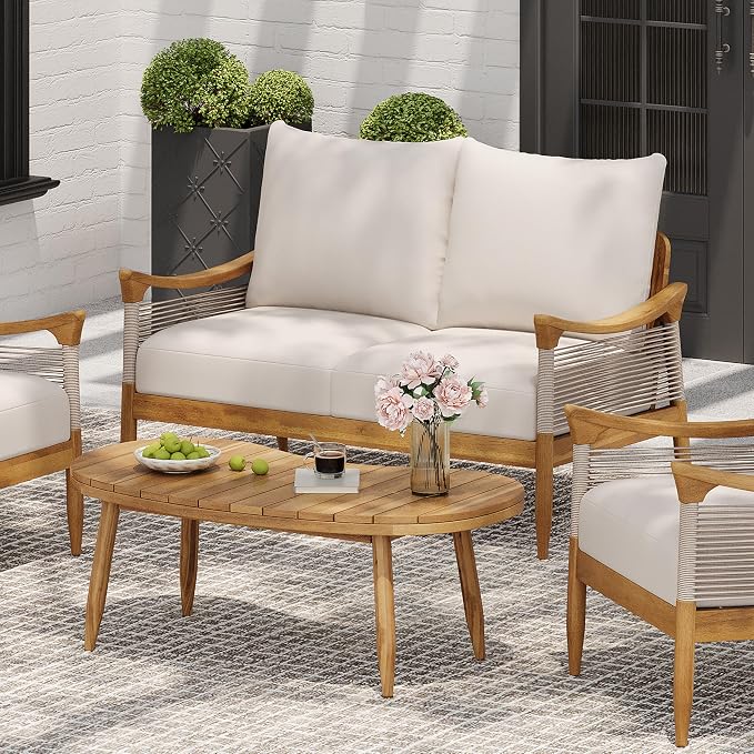Merax 2-Piece Acacia Wood Patio Loveseat Set with Coffee Table | Teak-Finish Acacia Frame, Beige Woven Rope, 6-Inch Cushions And Arc Coffee Table For Porch, Garden, Backyard Or Balcony