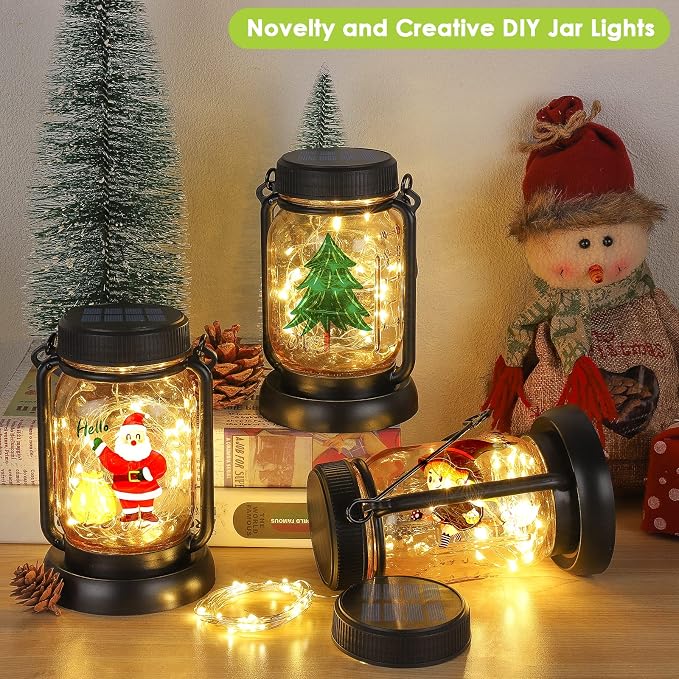 4 Pack Solar Mason Jar Hanging Lantern with Stakes, Warm White | Solar Fairy String Lights, Vintage Glass Lamp, Waterproof, Bright, for Indoor Outdoor Halloween Garden Patio Pathway Yard