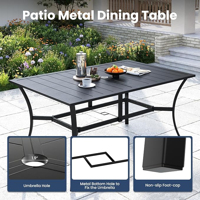 Amopatio 7 Pieces Patio Dining Set for 6, Outdoor Table and Chairs, 6 All Weather Stackable Patio Chairs, 59" Patio Spliced Rectangular Table with Umbrella Hole, for Deck, Backyard, Garden,Brown