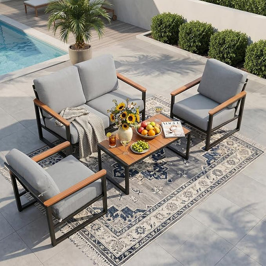 NATURAL EXPRESSIONS Aluminum Patio Furniture Set, Outdoor Patio Conversation Sets with Fauxwood Arm & Tabletop, 6" Olefin Cushions, Oversized Patio Sectional Furniture for Porch, Yard, Balcony, Deck