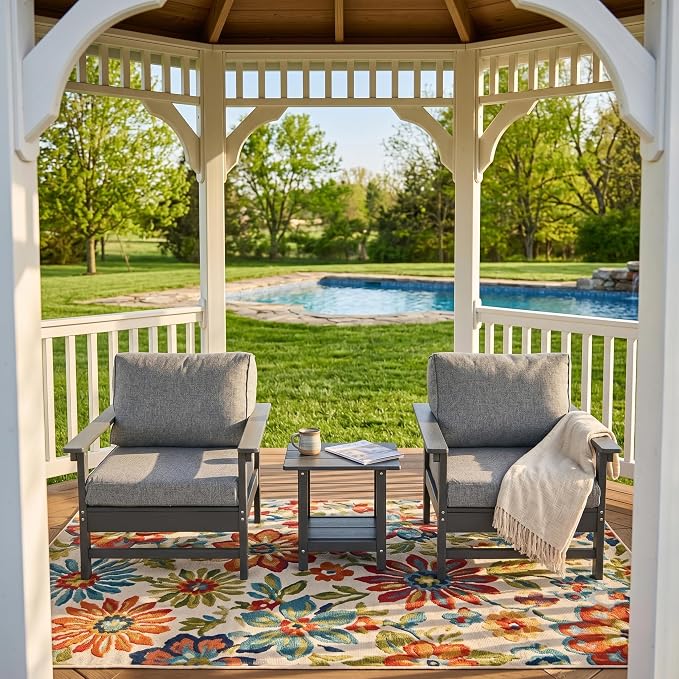 3-Piece Outdoor Patio Furniture Set, HDPE Conversation Bistro Set with 2 Ergonomic Armchairs & Dual-Layer Side Table, Waterproof & UV-Resistant with Cushions for Porch, Garden