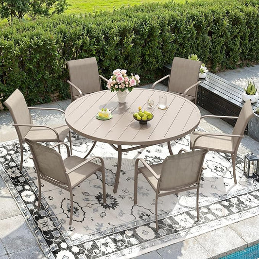 DIFY Patio Dining Set for 6, 7 Piece Outdoor Table and Chairs Set, 50" Round Metal Patio Dining Table and 6 Textilene Stackable Patio Chairs, for Backyard Garden Poolside, Sandshell