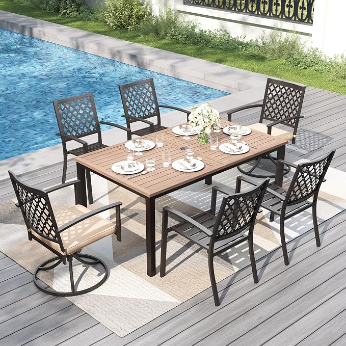 PHI VILLA 7 Pcs Outdoor Dining Set, 65" Wood-Like Table w/Umbrella Hole | Steel Table with Umbrella Hole&Fixed/Swivel Chairs with Cushions,Wrought Iron Furniture for Patio, Deck, Yard, Porch