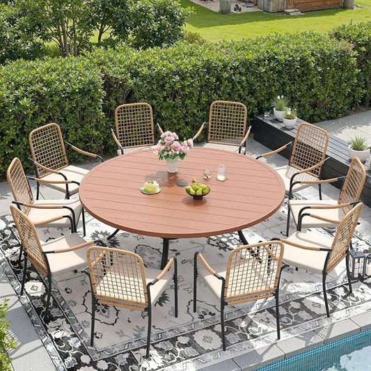 DIFY 11 Pieces Outdoor Dining Set for 10, 63" Round Dining Table with Umbrella Hole & Wicker Stackable Patio Chairs with Cushions, Metal Patio Table and Chairs Set for Backyard Porch Garden, Walnut