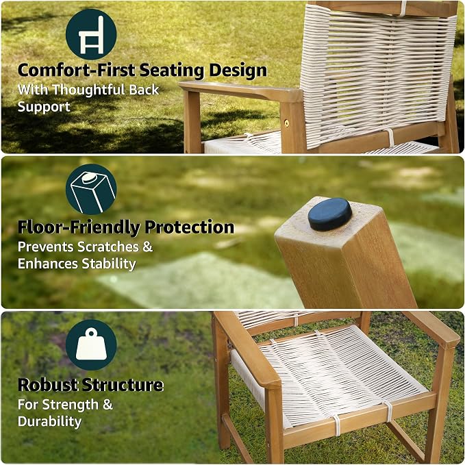 Acacia 7 Pieces Outdoor Dining Set for 6-Person, 63" L Classic Rectangular Table & 6 Handwoven Rope Chairs - Eucalyptus Grandis Solid Wood, Weather Resistant Patio Furniture Set, Natural