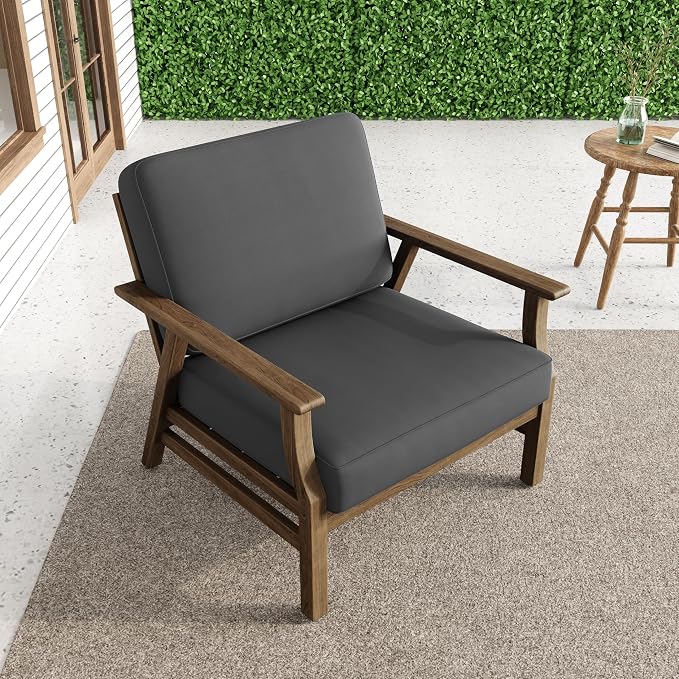 3 Piece Wood Outdoor Chairs Patio Bistro Set, Outdoor Armchair All Weather Patio Sofa Furniture Backyard Conversation Sets with Wooden Side Table - Dark Gray