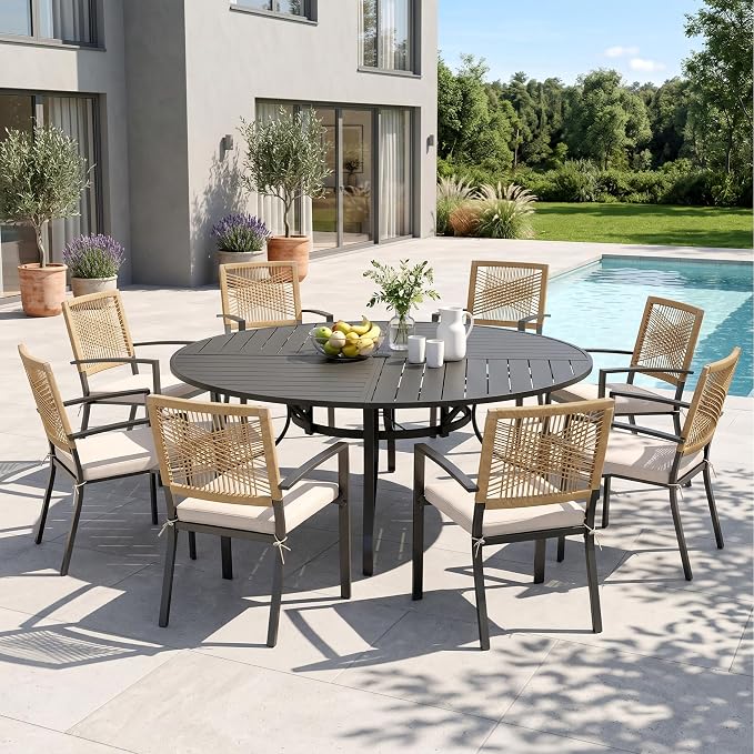 Sophia & William 9pc Patio Dining Set, 67" Round Table, Wicker Chairs | Outdoor Dining Set for 8, Round Patio Dining Table Set with Patio Wicker Chairs for Garden, Porch, Backyard, Deck