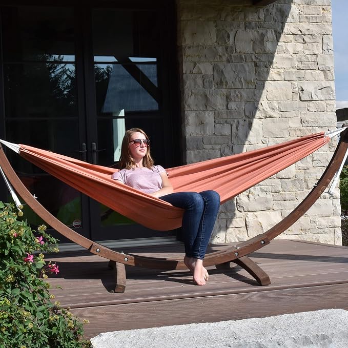 Vivere Double Sunbrella Hammock with Solid Pine Arc Stand - 450 lb Capacity, Durable FSC Wood Frame, Includes Hardware & User Guide - 450 lb Weight Capacity (Coral)