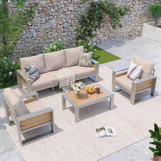 Aoxun Aluminum Patio Furniture Set, 5 Seats Luxury Metal Patio Conversation Sets with Coffee Table, 6'' Thick Cushions and 3-Seat Sofa, Sectional Outdoor Furniture Set for Backyard/Poolside, Beige