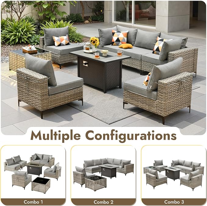8 Pieces Patio Furniture Set with 42" Fire Pit, All-Weather Rattan Outdoor Sectional Conversation Sets L Shaped Sofas with Solar Light Coffee Table for Porch Balcony Backyard Dark Grey