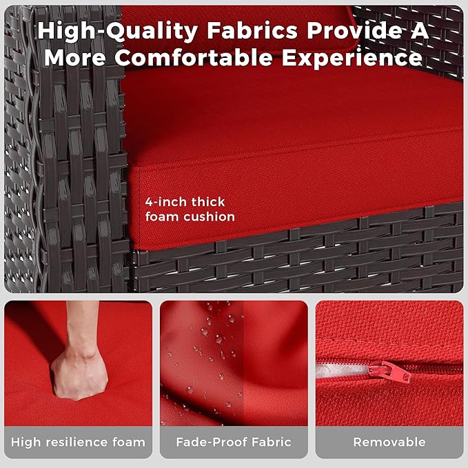9 Pieces Patio Conversation Furniture Set - 1 Sofa, 2 Ottomans, 4 Swivel Chairs, 2 Side Tables, Outdoor Wicker Furniture with Removable Cushions for Porch, Balcony, Sunroom (Red)