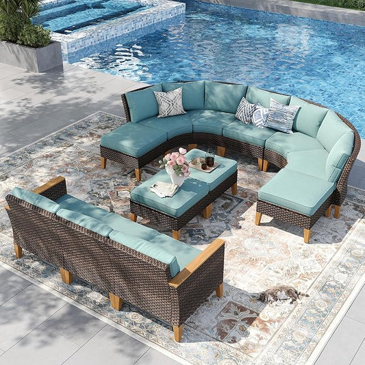 PHI VILLA 10-Piece Wicker Patio Furniture Set, Outdoor Half-Moon Curved Sectional Sofa with 4 Ottomans, 2 One Armrest Seats, 1 Armless Sofa, Large Conversation Seating for Garden or Backyard,Aqua Blue