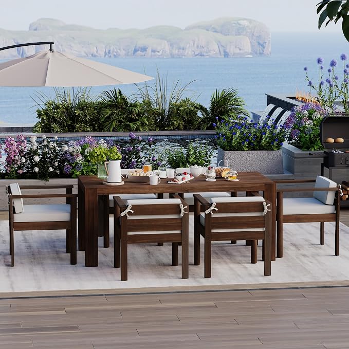 7-Piece Patio Dining Table Set for 6, Outdoor Furniture Sets with 71" Rectangle Table and Removable Cushions for Backyard, Garden, Poolside Deck (Beige+Mocha)