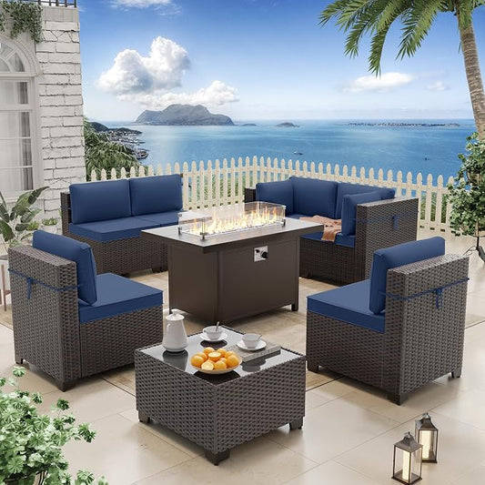 ALAULM 8 Pieces Patio Furniture Set with Aluminum Fire Pit Table Outdoor Furniture Sets 55000BTU Gas Fire Pit Brown PE Rattan Wicker Patio Conversation Sets w/6 Cushions-DarkBlue