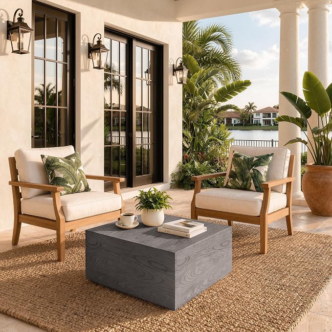 UPHA 28" Square Outdoor Coffee Table, Modern Hollow Concrete Patio Table, Small Minimalist Low Accent Table for Living Room, Balcony, Deck, Backyard, Gray Wood Finish