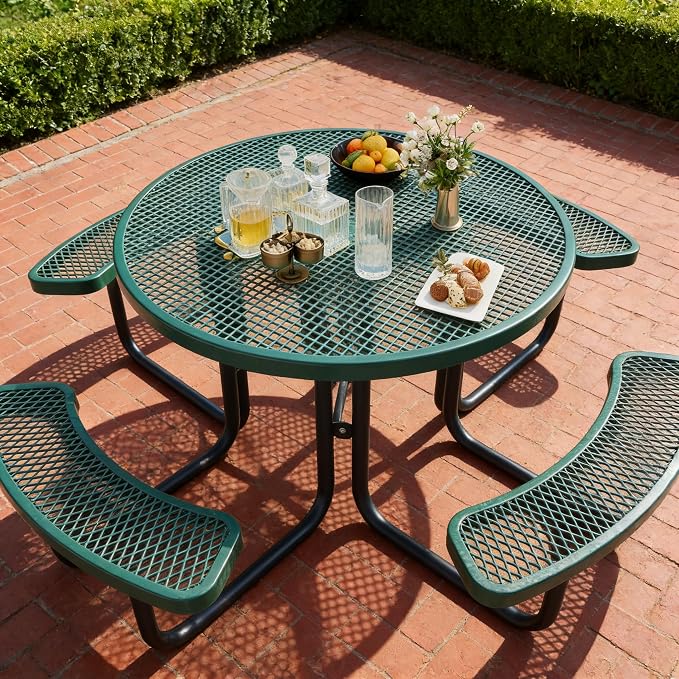 46" Round Picnic Tables for Outdoors,Commercial Metal Picnic Table Bench Set W/ Umbrella Hole,Restaurant School Canteen Tables W/Seats - Heavy Duty Sturdy Picnic Tables for Patio Garden Coffee Shop