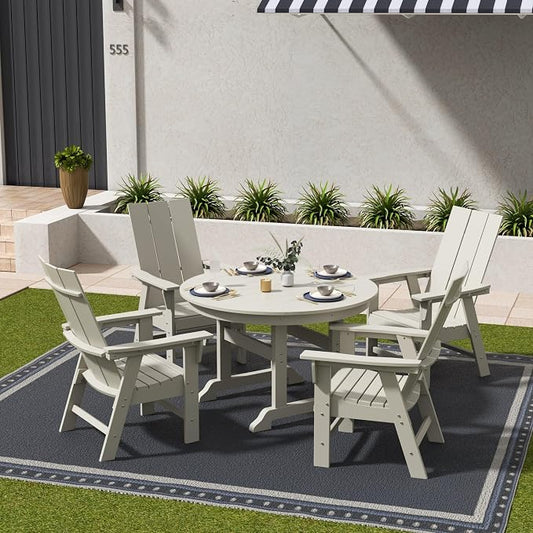 WestinTrends Ashore 5 Pieces Adirondack Outdoor Dining Set, All Weather Poly Lumber Slatted Modern Farmhouse Patio Furniture Set, 47" Trestle Round Table and 4 Adirondack Dining Chair, Sand