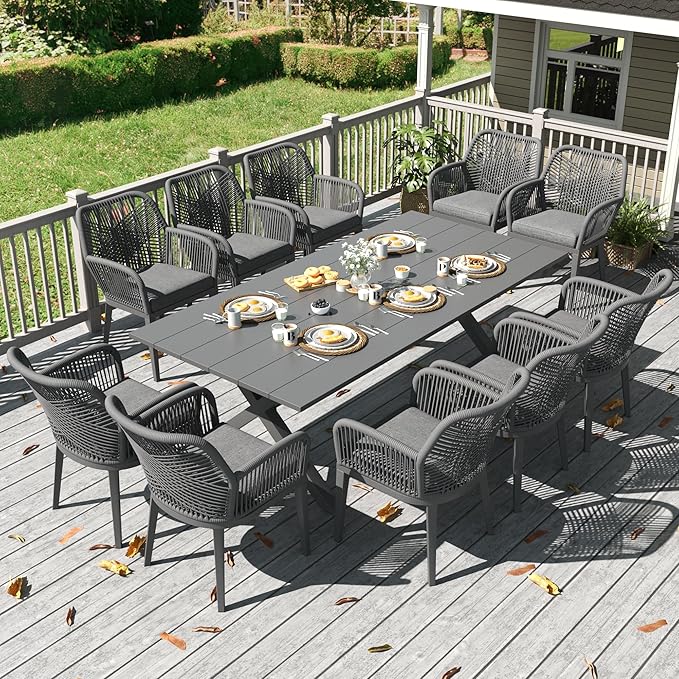 LayinSun Outdoor Dining Set for 10, 11 Pieces Patio Furniture Sets with Aluminum Dining Table and Rope Weave Chairs