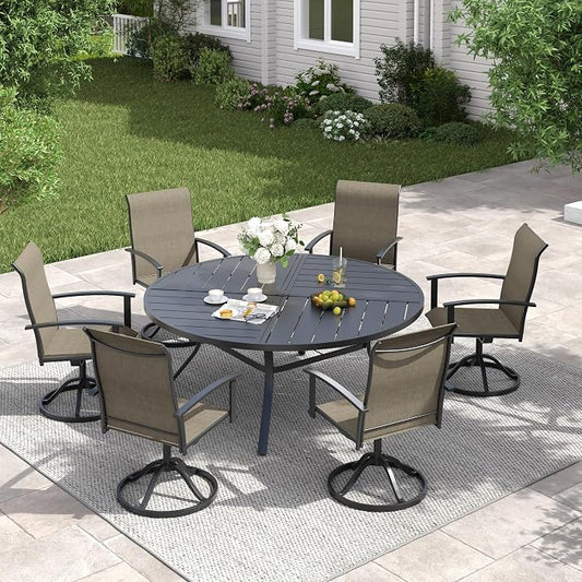 VICLLAX Outdoor Table and Chairs Set of 6, Metal Patio Dining Set-53 Round Dining Table and 6 Swivel Chairs for Deck, Lawn and Garden, Black Table and Mixed Brown Chairs