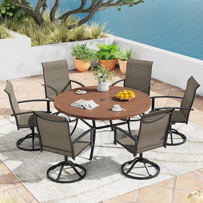 7 Pieces Outdoor Patio Dining Table Set, 50" All Weather Round Metal Table with Umbrella Hole and 6 High Back Textilene Swivel Chairs for Garden, Lawn, Poolside, Walnut Table & Brown Chairs