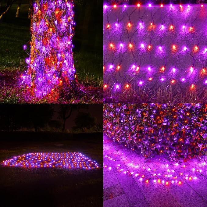 BlcTec Halloween Lights Outdoor 360 LED 9.8ft x 6.6 Orange Purple Halloween Mesh Lights with 8 Modes, Timer, Connectable, Waterproof and Green Wire Design for Lawn, Bushes Outdoor Holiday Decorations