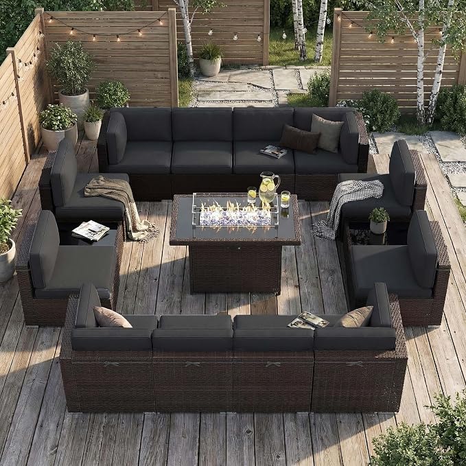15 Pieces Patio Furniture Set with 44" Propane Gas Fire Pit Table, Outdoor Sectional Brown Rattan Wicker Conversation Sofa Sets with Coffee Table
