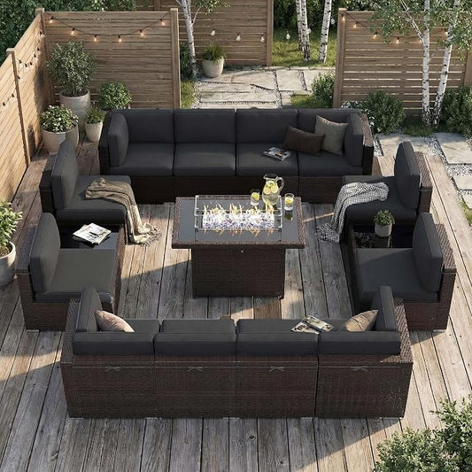 15 Pieces Patio Furniture Set with 44" Propane Gas Fire Pit Table, Outdoor Sectional Brown Rattan Wicker Conversation Sofa Sets with Coffee Table