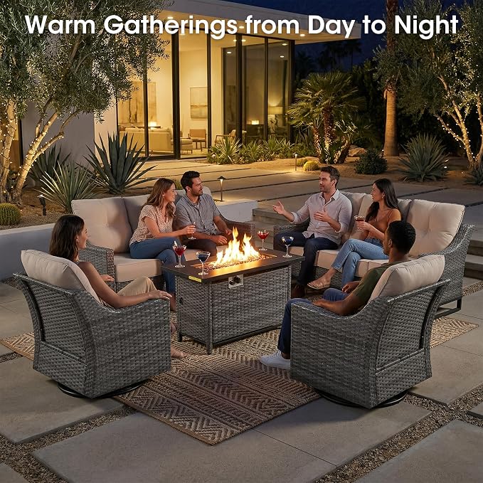 Rectangular PE Rattan Propane Fire Pit Table, 41 Inch Outdoor 50000 BTU Gas Firepit Table with Metal Tabletop & Lava Rocks, All Weather Patio Fire Pit for Backyard Garden Deck Porch