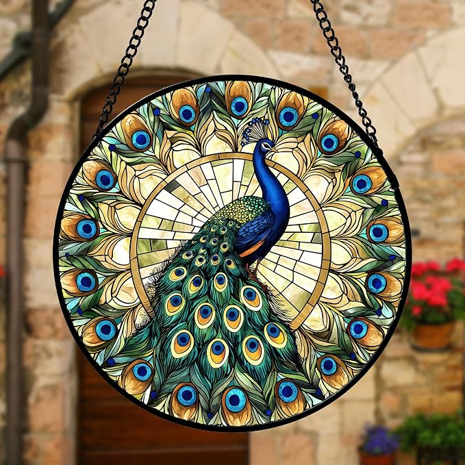 DASTOLL Stained Glass Window Hanging - Retro Peacock Decoration Suncatcher for Door Garden Home Bird Feather Sun Catchers Christmas Mother's Day Birthday Gifts for Women Men Mom Nana Friend 9.8 in