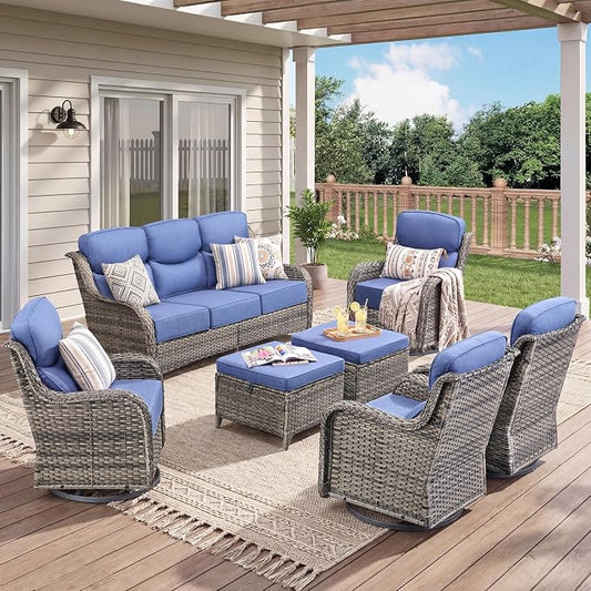 Luxury 7 Pieces Outdoor Patio Furniture Set-All Weather Wicker Outdoor Furniture with Swivel Rocker Patio Chairs 6-inch Extra Thick Cushions Wicker Conversation Set for Garden Porch(Grey/Blue)