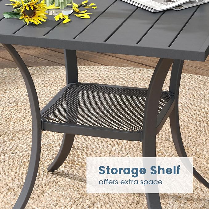 DIFY 27.6" Small Square Outdoor Dining Table for 2, Slatted Metal Patio Table with Storage Shelf, All-Weather Patio Dining Table for Garden Backyard Deck, Grey Tabletop