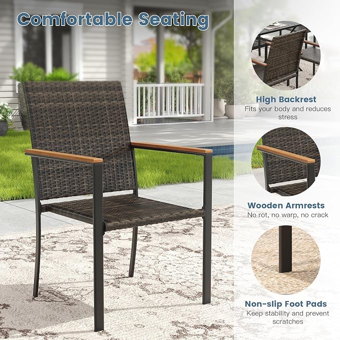 DIFY 5 Piece Patio Dining Set for 4, Wicker Stackable Patio Chairs & 40.2" Square Black Metal Dining Table with Umbrella Hole, All Weather Outdoor Table and Chairs Set for Deck Garden Backyard