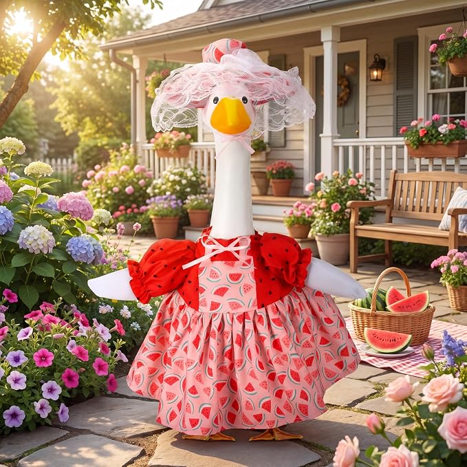 Abbylike Watermelon Porch Goose Outfit Summer Watermelon Costume Clothes for 23'' Goose for Garden Porch Statue Yard Pathway Decorations