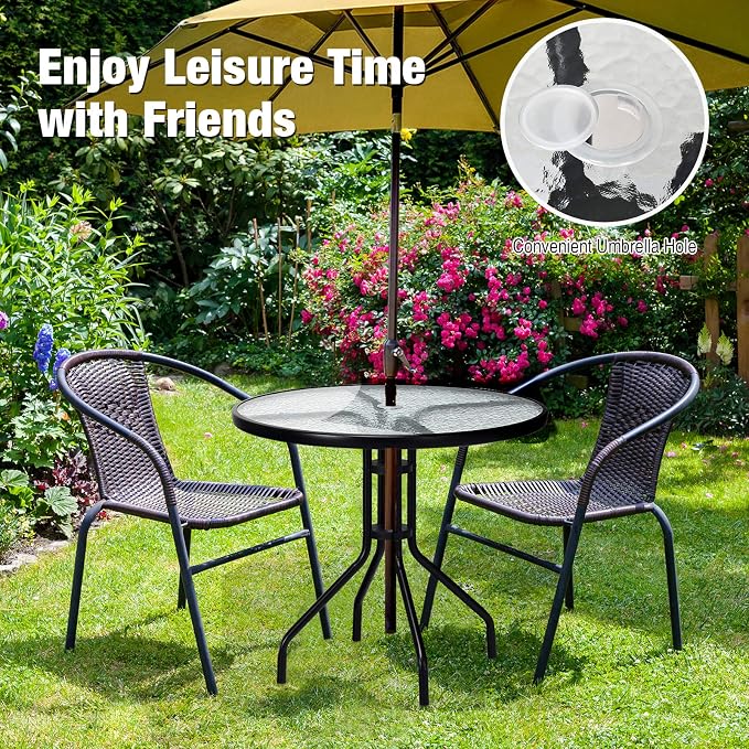 S AFSTAR Outdoor Bistro Table, Tempered Glass Patio Table with Convenient Umbrella Hole, Outside Dining Table, Round Patio Bistro Table for Deck Balcony Lawn Pool Backyard, 28”H x 32” D (Black)