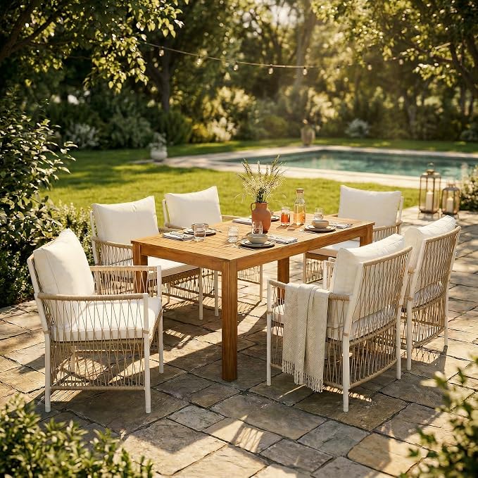 Merax 7 Piece Patio Dining Set, Outdoor Acacia Wood Rectangular Dinning Table with Sturdy Legs and 6 Rattan Arm Chairs w/Cousions & Pillows for Backyard,Balcony, Garden, Poolside, Natural