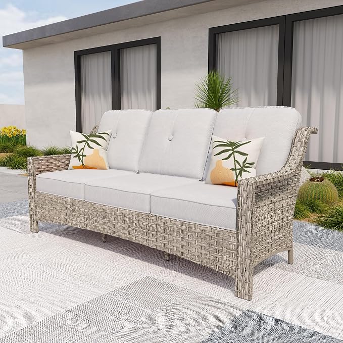 HOOOWOOO Patio Couch,Outdoor Wicker 3 Seater Sofa,All Weather Resistant High Back Rattan Deck Matching Furniture(Light Grey Gray)
