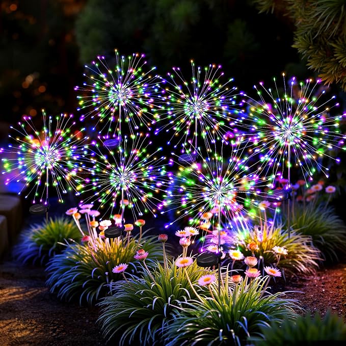 6Pack Solar Lights Outdoor, Multicolor Firework Lights | 120LED Fireworks Lights Solar Powered, Waterproof Fairy Garden Lights Decor Outside for Yard Pathway Lawn Patio