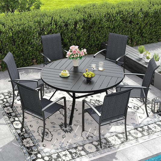 DIFY 7 Pieces Outdoor Dining Set, Metal Patio Table and Chairs Set for 6 with Umbrella Hole, 50" Round Dining Table and Textilene Stackable Patio Chairs for Garden Backyard Poolside, Black