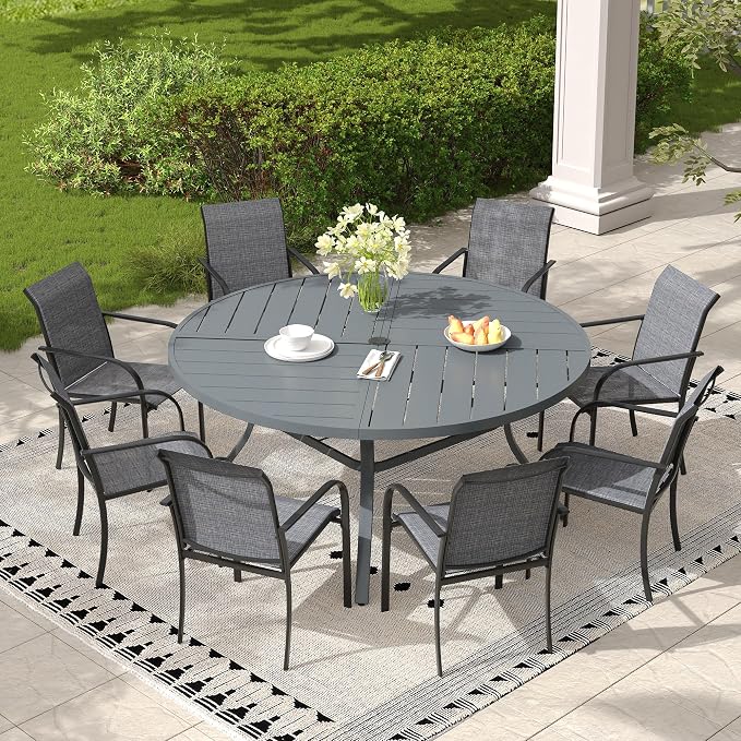 Patio Table and Chairs Sets for 8, Outdoor Dining Set with 8 Stackable Dining Chairs and 54" x 54" Round Thick Slatted Table for Backyard, Deck, Lawn, Garden, Grey & Dark Grey
