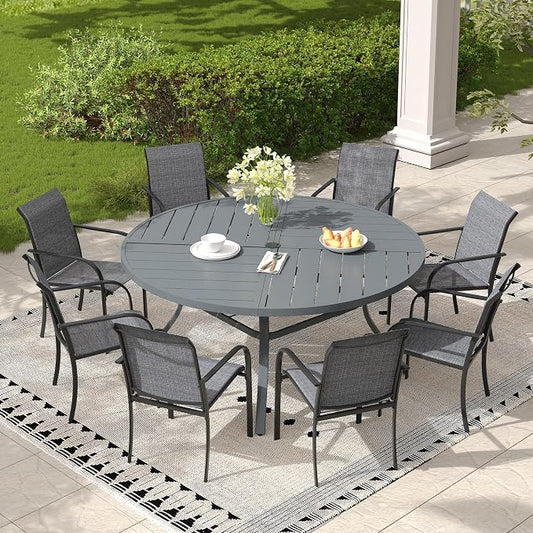 Patio Table and Chairs Sets for 8, Outdoor Dining Set with 8 Stackable Dining Chairs and 54" x 54" Round Thick Slatted Table for Backyard, Deck, Lawn, Garden, Grey & Dark Grey