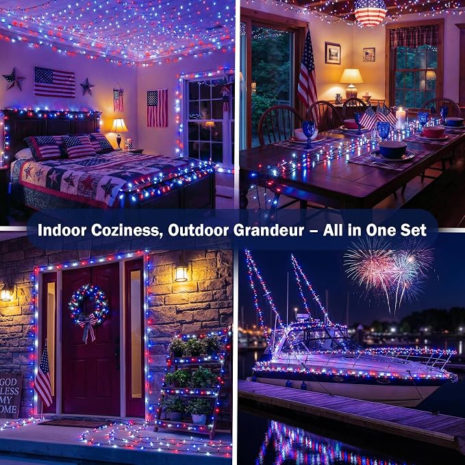 66ft 200LED Red White Blue Patriotic Lights for 4th of July Decoration Battery Fairy String Lights Indoor Outdoor Waterproof Remote Timer 8 Modes for Independence Day American Flag Holiday