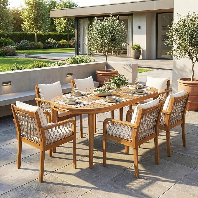 Christopher Knight Home Domac Acacia Wood Dining Table Set for 6, Solid Wood Outdoor Dining Set for 6, Oval Patio Dining Table and Chair Set with Cushion & Rope Accent, Cream Beige + Oatmeal + Teak