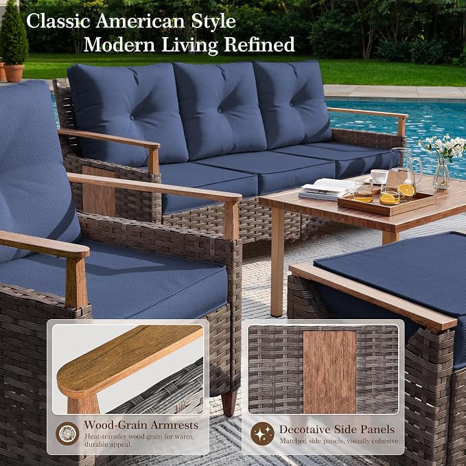 NestNook 6 Pieces Patio Furniture Set, Outdoor Conversation Set with All-Weather Handwoven PE Wicker Sofa, Rattan Chairs and Thick Cushion, Coffee Table & Ottoman for Backyard, Deck & Poolside, Blue