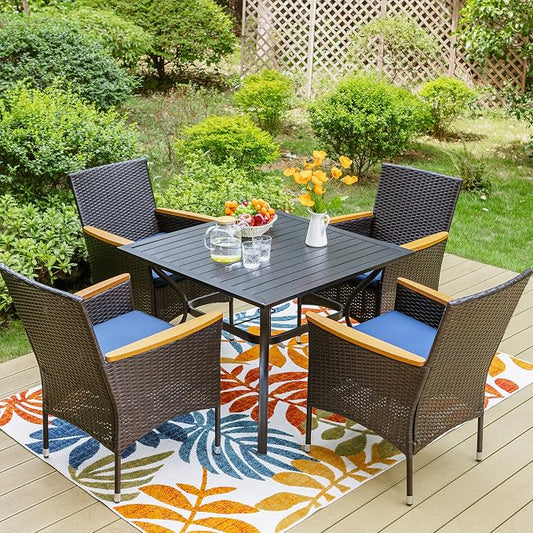 Sophia & William 5 Pieces Patio Dining Set for 4 People, Patio Table and Rattan Chairs Set, Square Metal Outdoor Table and Wicker Chairs, 1.57" Umbrella Hole, Seat Cushions
