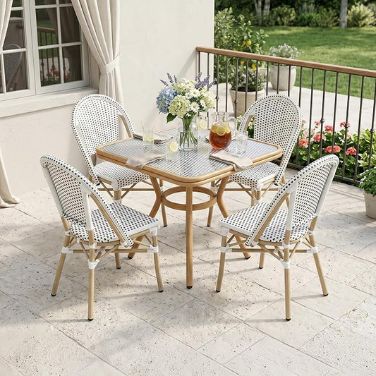 PURPLE LEAF 5-Piece French Bistro Dining Set Square Outdoor Patio Table and 4 Armless Chairs Tempered Glass Top PE Rattan Champagne Print Finish Aluminum Frame White