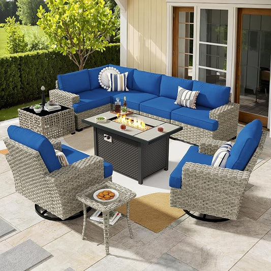 Weaxty 10 Pieces Outdoor Patio Furniture Set with Swivel Rocking Chair, Outdoor Sectional Sofa Couch Wicker Modular Patio Conversation Set w/42 Fire Pit and Coffee Side Table,Navy Blue