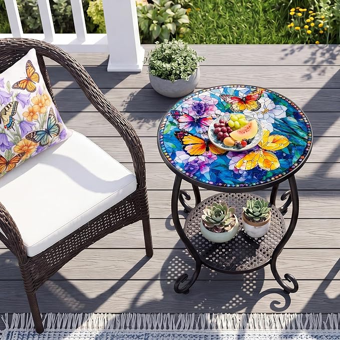 Outdoor Side Table, Small Patio Table Round Metal Outside Coffee End Table for Balcony Bistro Porch Yard Garden Patio Living Room（Butterfly