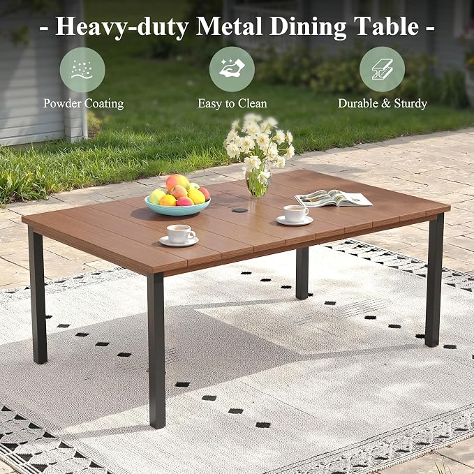 Outdoor Dining Set for 6, 63" Metal Outdoor Dining Table with Umbrella Hole and Sling Patio Swivel Chairs, 7 Pieces Patio Table and Chairs Set for Garden Backyard, Charcoal and Walnut