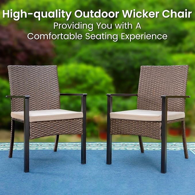 PHI VILLA 5 Piece Outdoor Dining Set for 4, 37" Square Metal Wrought Iron Table with Umbrella Hole & Cushioned Rattan Wicker Chairs, Modern Furniture for Patio, Deck, Backyard, Porch
